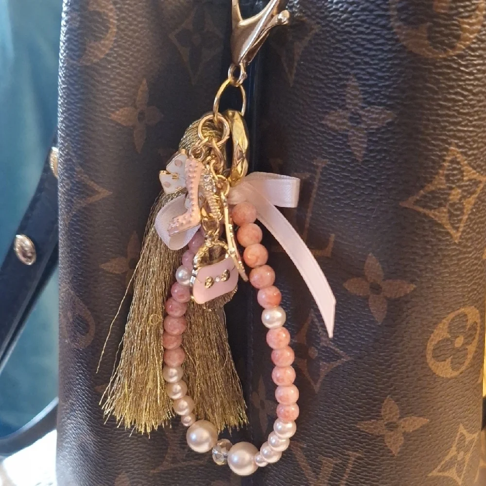 Feminine Charms Gold and Pink Beaded Keychain/Handbag Charm/Backpack Charm.